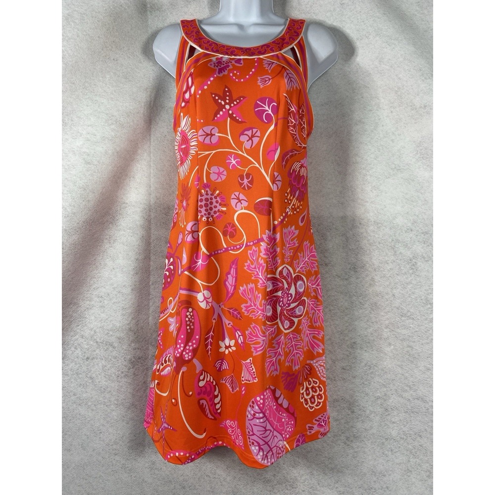 Gretchen Scott Dress Womens Small Red Pink Shift Sleeves Floral Strappy
